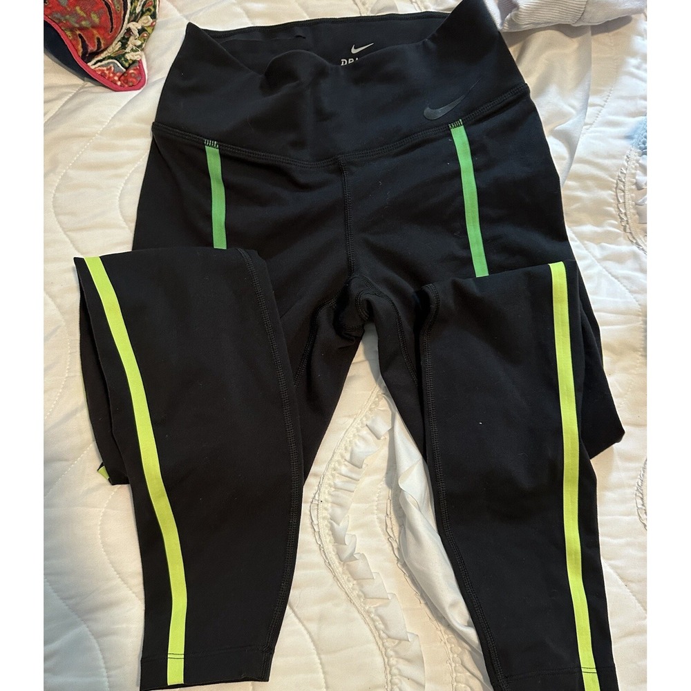 Nike Dri-FIT Womens XS Black Neon Green Stripe Performance Running Leggings